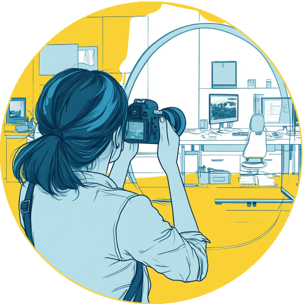 Illustration of a woman taking pictures inside an office