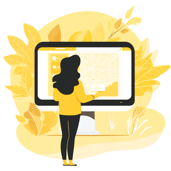 Illustration of a woman standing in front of a screen with Google Maps on it.